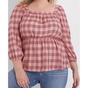 Lane Bryant Plaid Square Neck Peplum Blouse Women Size 22 Pink Black 3/4‎ Sleeve